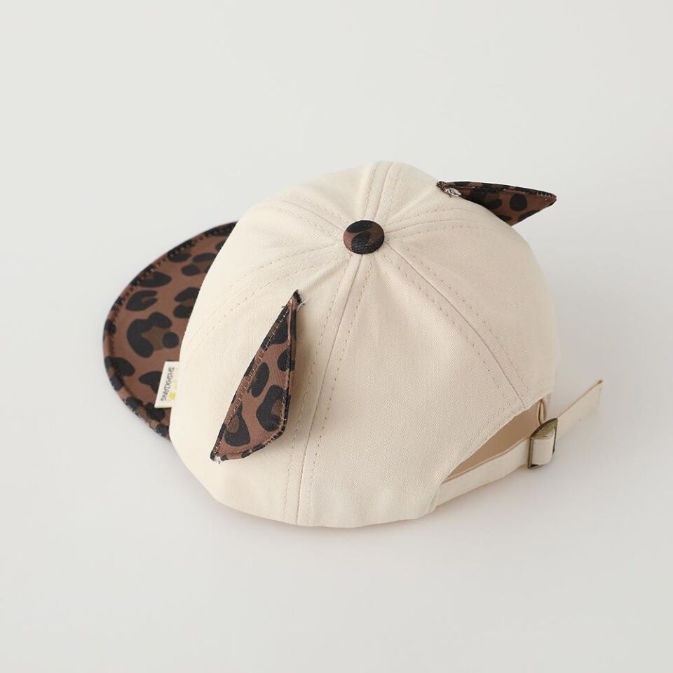 Valkyrie Unisex Çocuk Kedi Nakışlı Kulaklı Bej Şapka Leopar Desenli Ayarlanabilir Yazlık Kep