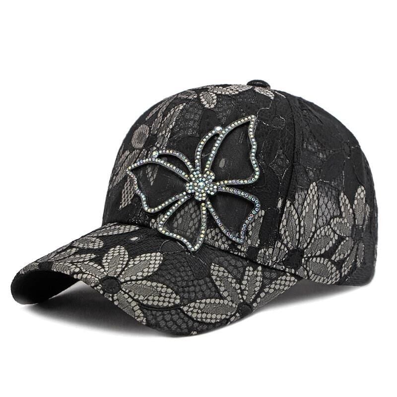 Valkyrie Kadın Siyah Dantel Şapka Taş İşlemeli Çiçek Detaylı Ayarlanabilir Baseball Cap Yazlık Şapka
