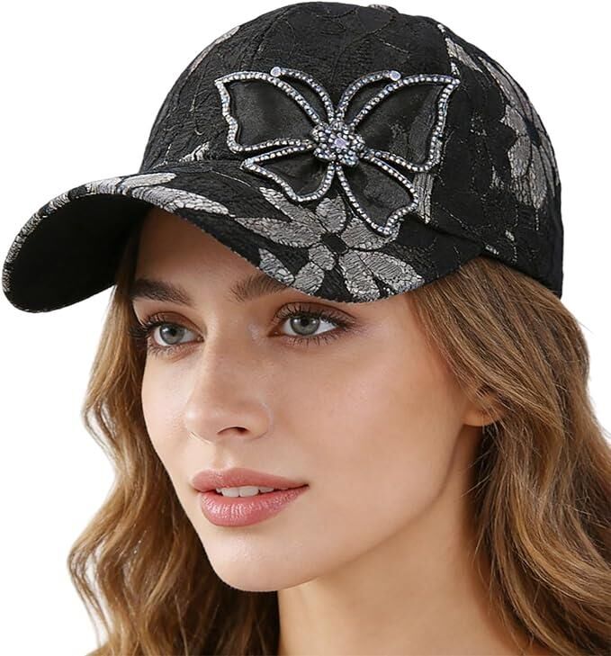 Valkyrie Kadın Siyah Dantel Şapka Taş İşlemeli Çiçek Detaylı Ayarlanabilir Baseball Cap Yazlık Şapka