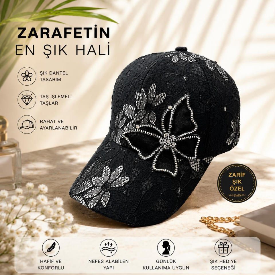 Valkyrie Kadın Siyah Dantel Şapka Taş İşlemeli Çiçek Detaylı Ayarlanabilir Baseball Cap Yazlık Şapka