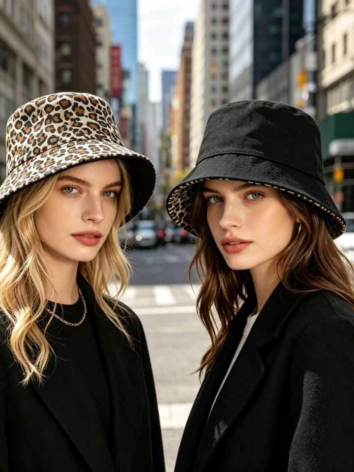 Valkyrie Çift Taraflı Leopar Desenli Siyah Kova Şapka Unisex Reversible Bucket Günlük Yazlık Şapka