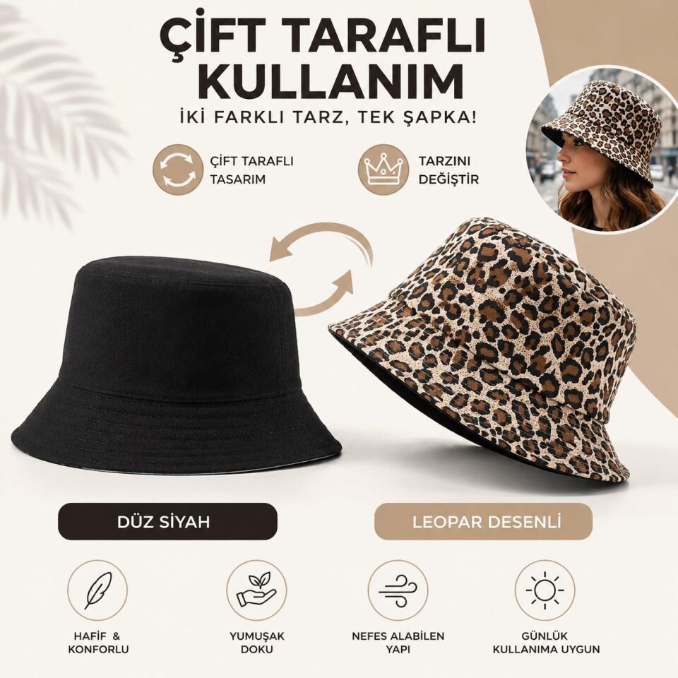 Valkyrie Çift Taraflı Leopar Desenli Siyah Kova Şapka Unisex Reversible Bucket Günlük Yazlık Şapka