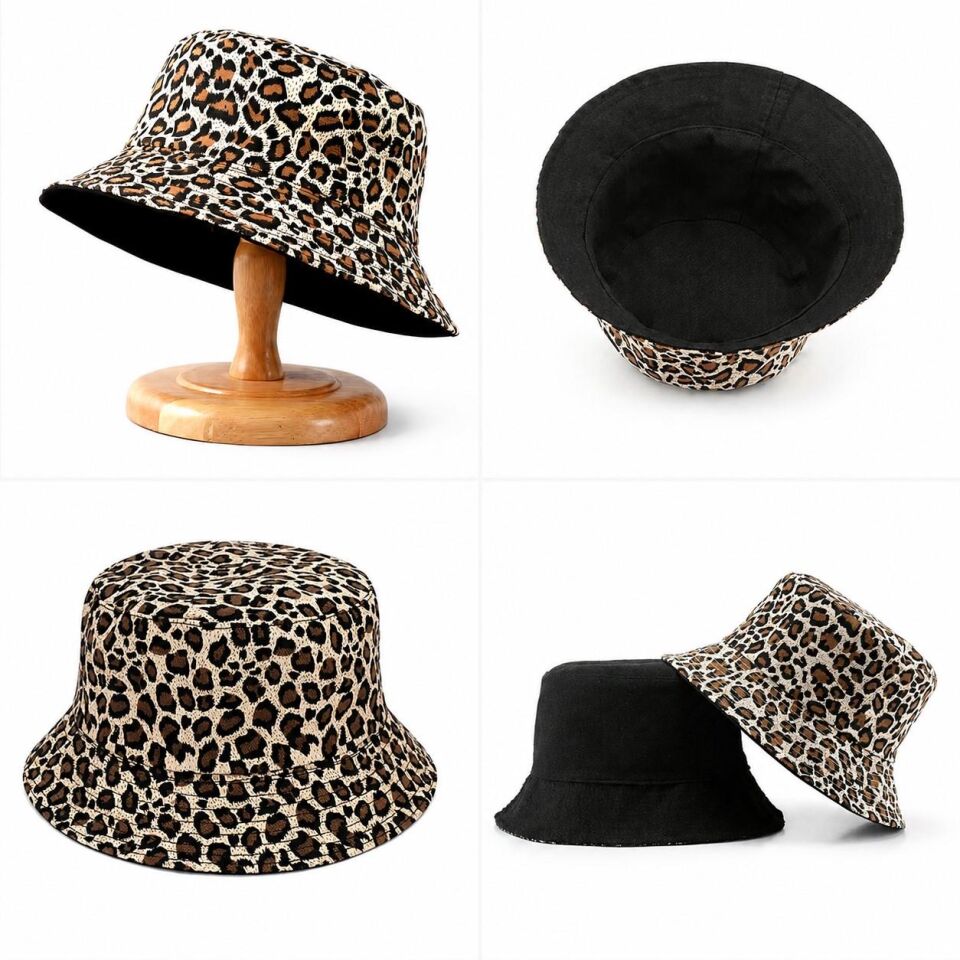 Valkyrie Çift Taraflı Leopar Desenli Siyah Kova Şapka Unisex Reversible Bucket Günlük Yazlık Şapka