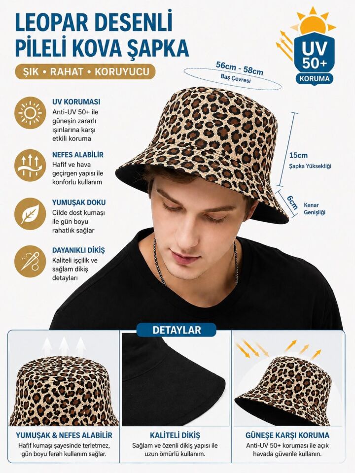 Valkyrie Çift Taraflı Leopar Desenli Siyah Kova Şapka Unisex Reversible Bucket Günlük Yazlık Şapka