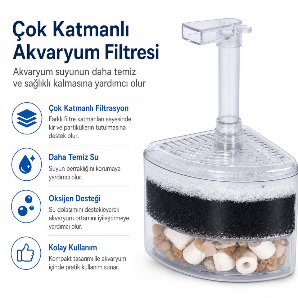 Valkyrie Köşe Akvaryum Filtresi Çok Katmanlı Biyolojik Filtre Süngerli Oksijen Destekli İç Filtre