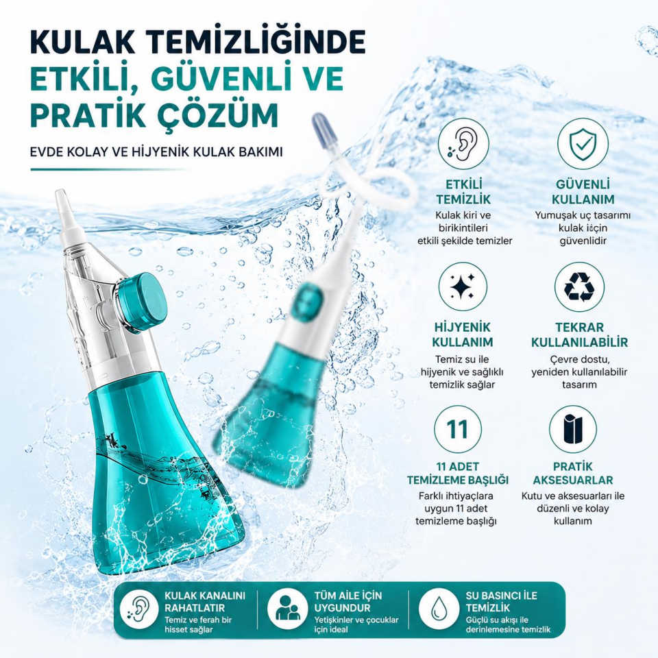 Valkyrie Basınçlı Kulak Temizleme Kiti 11 Uçlu Kulak İrrigasyon Cihazı Ev Tipi Kulak Yıkama Seti