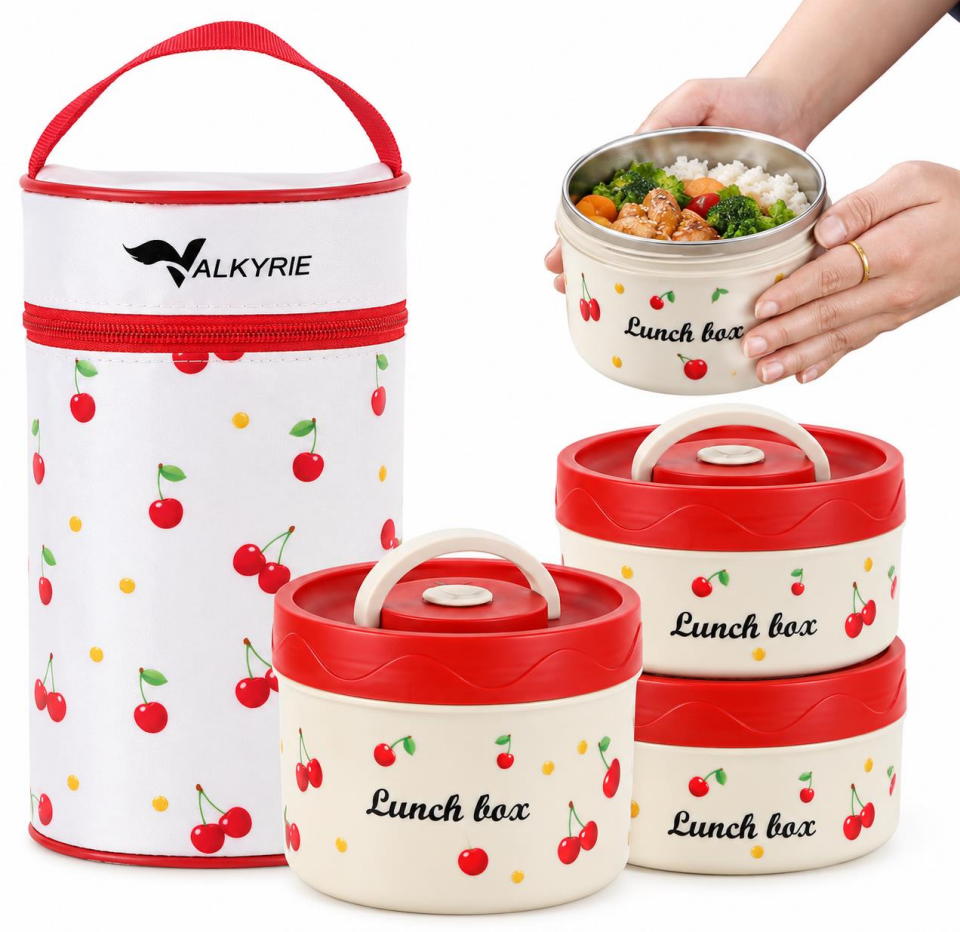 Valkyrie 3 Katlı Paslanmaz Çelik Kirazlı Yemek Termosu Lunch Box 1390 ml Taşıma Çantalı Isı Yalıtımlı