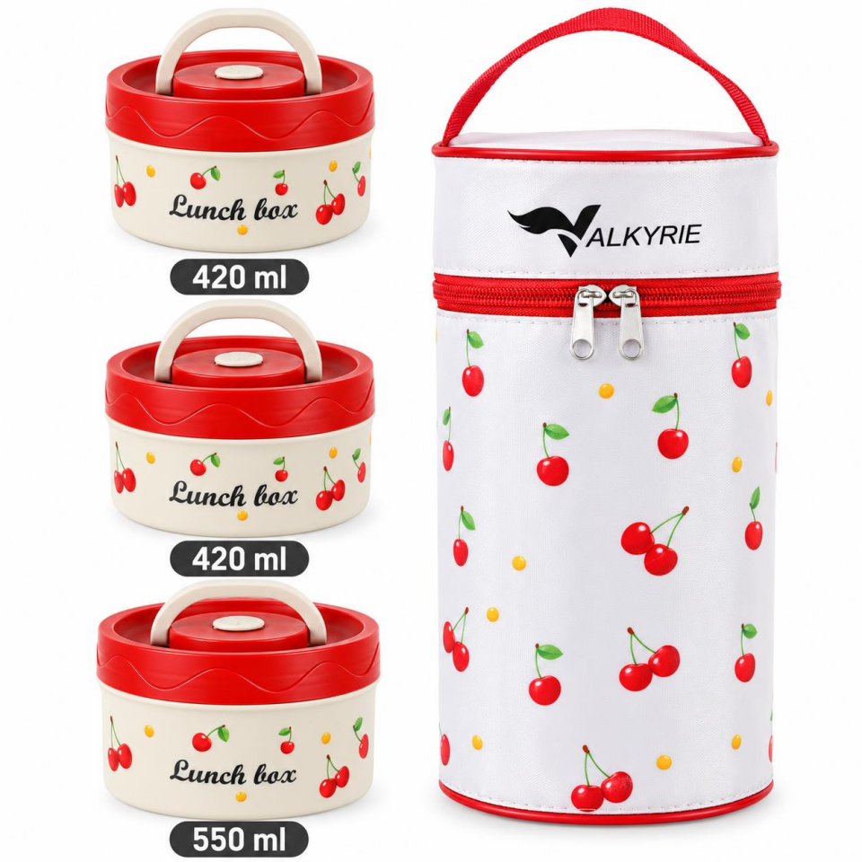 Valkyrie 3 Katlı Paslanmaz Çelik Kirazlı Yemek Termosu Lunch Box 1390 ml Taşıma Çantalı Isı Yalıtımlı