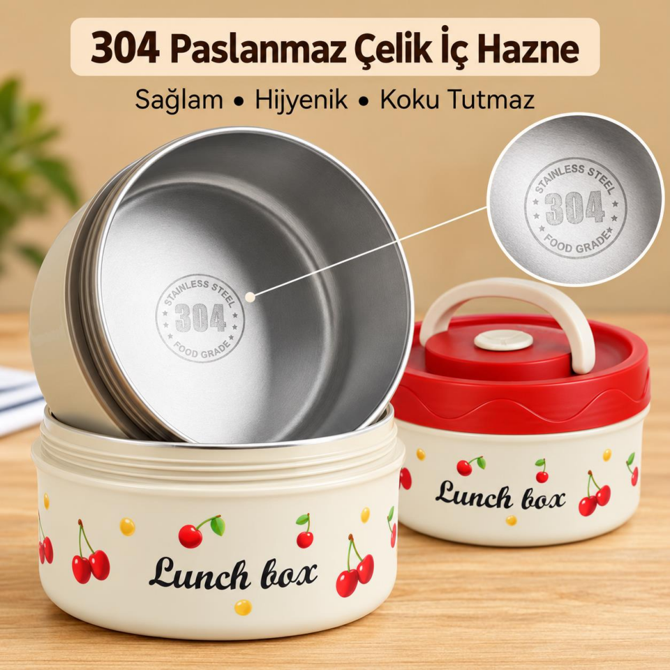 Valkyrie 3 Katlı Paslanmaz Çelik Kirazlı Yemek Termosu Lunch Box 1390 ml Taşıma Çantalı Isı Yalıtımlı
