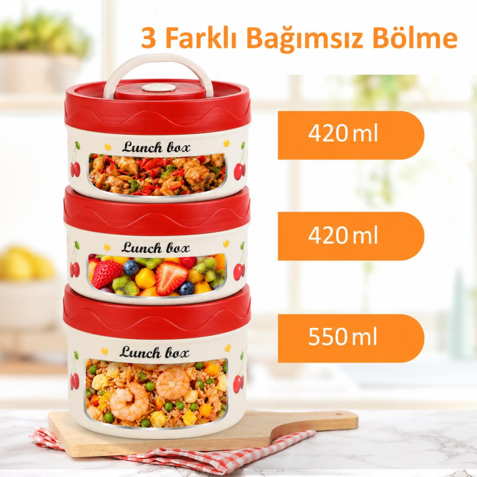 Valkyrie 3 Katlı Paslanmaz Çelik Kirazlı Yemek Termosu Lunch Box 1390 ml Taşıma Çantalı Isı Yalıtımlı