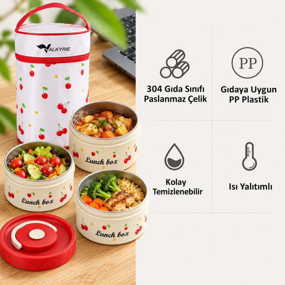 Valkyrie 3 Katlı Paslanmaz Çelik Kirazlı Yemek Termosu Lunch Box 1390 ml Taşıma Çantalı Isı Yalıtımlı