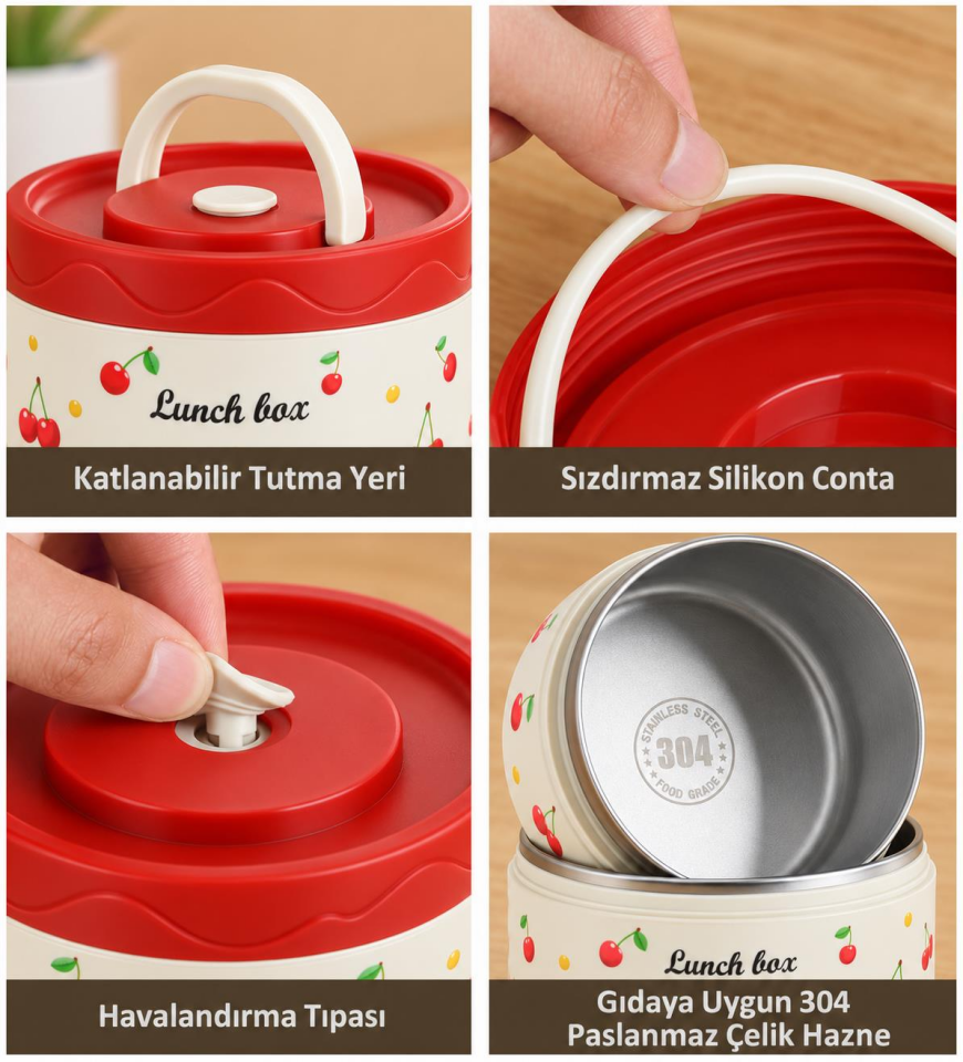 Valkyrie 3 Katlı Paslanmaz Çelik Kirazlı Yemek Termosu Lunch Box 1390 ml Taşıma Çantalı Isı Yalıtımlı