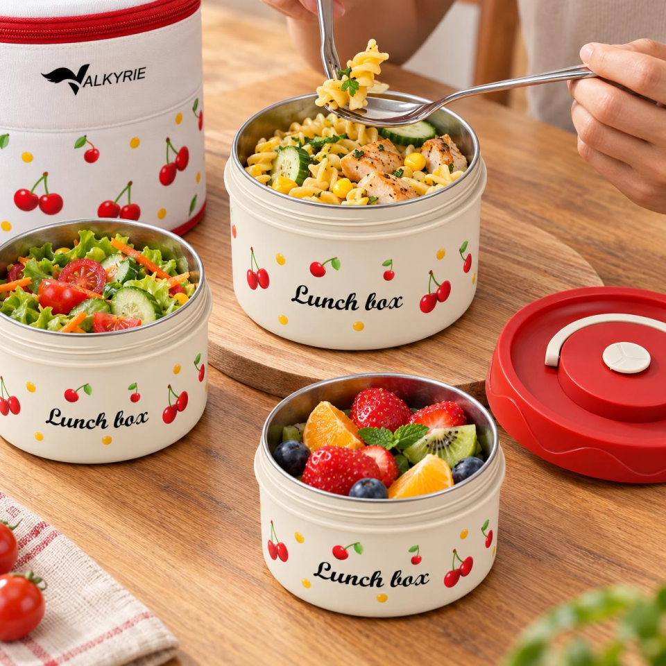 Valkyrie 3 Katlı Paslanmaz Çelik Kirazlı Yemek Termosu Lunch Box 1390 ml Taşıma Çantalı Isı Yalıtımlı