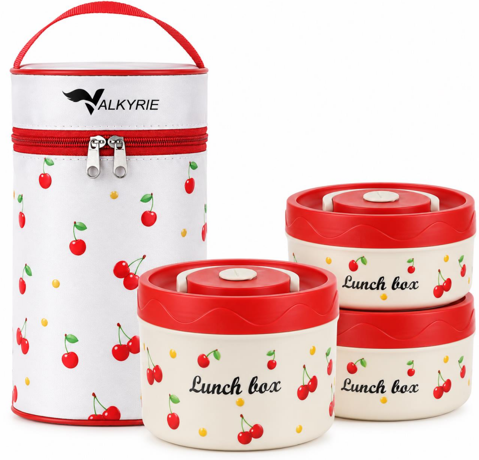 Valkyrie 3 Katlı Paslanmaz Çelik Kirazlı Yemek Termosu Lunch Box 1390 ml Taşıma Çantalı Isı Yalıtımlı
