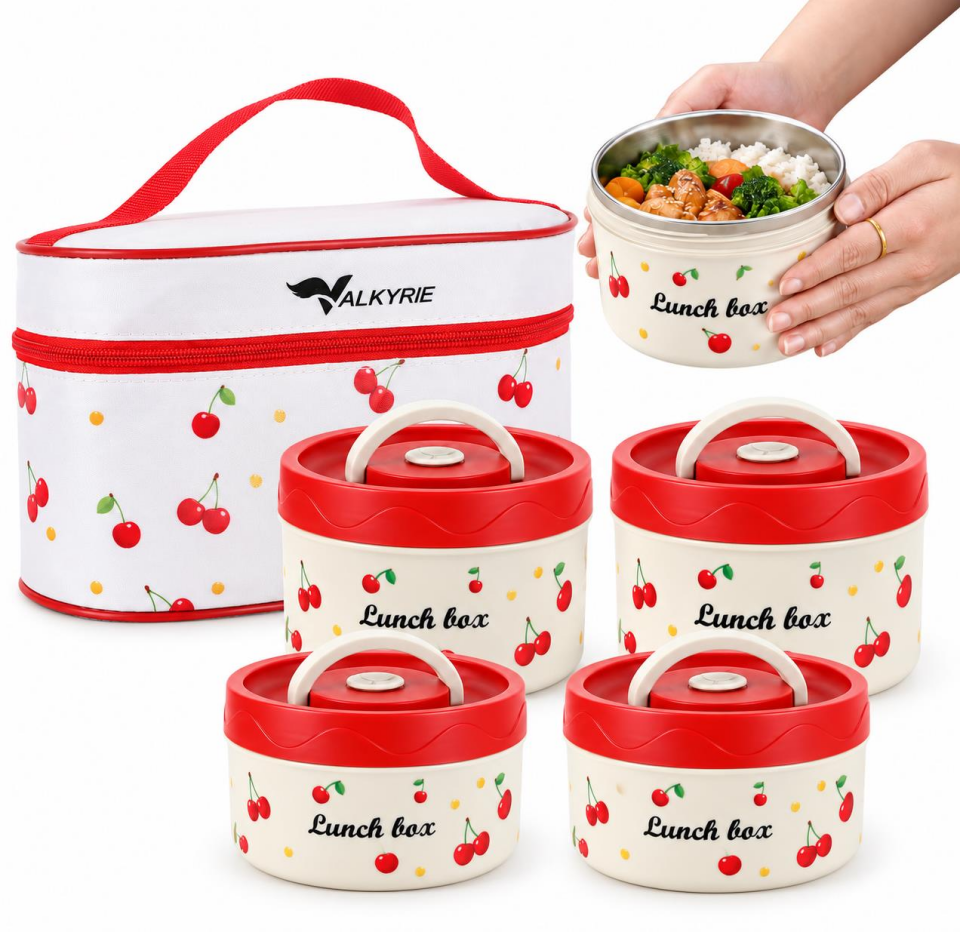 Valkyrie 4 Katlı Kirazlı Yemek Termosu 2040 ml 304 Paslanmaz Çelik Lunch Box Isı Yalıtımlı Çantalı