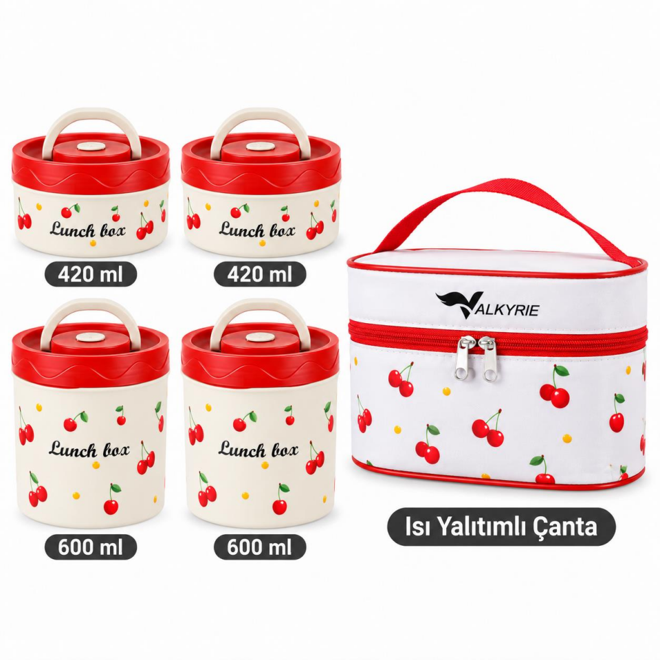 Valkyrie 4 Katlı Kirazlı Yemek Termosu 2040 ml 304 Paslanmaz Çelik Lunch Box Isı Yalıtımlı Çantalı