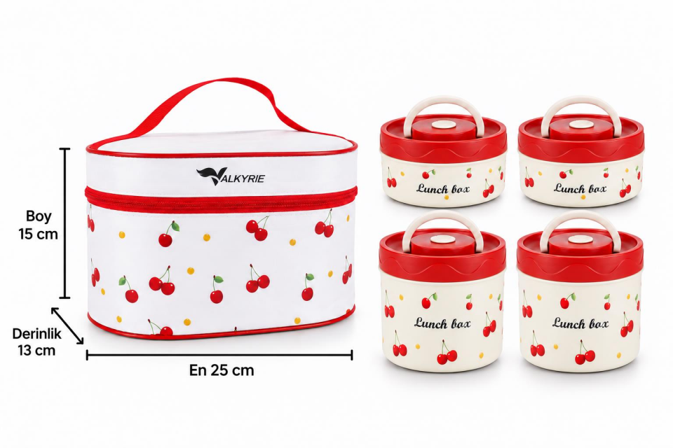 Valkyrie 4 Katlı Kirazlı Yemek Termosu 2040 ml 304 Paslanmaz Çelik Lunch Box Isı Yalıtımlı Çantalı