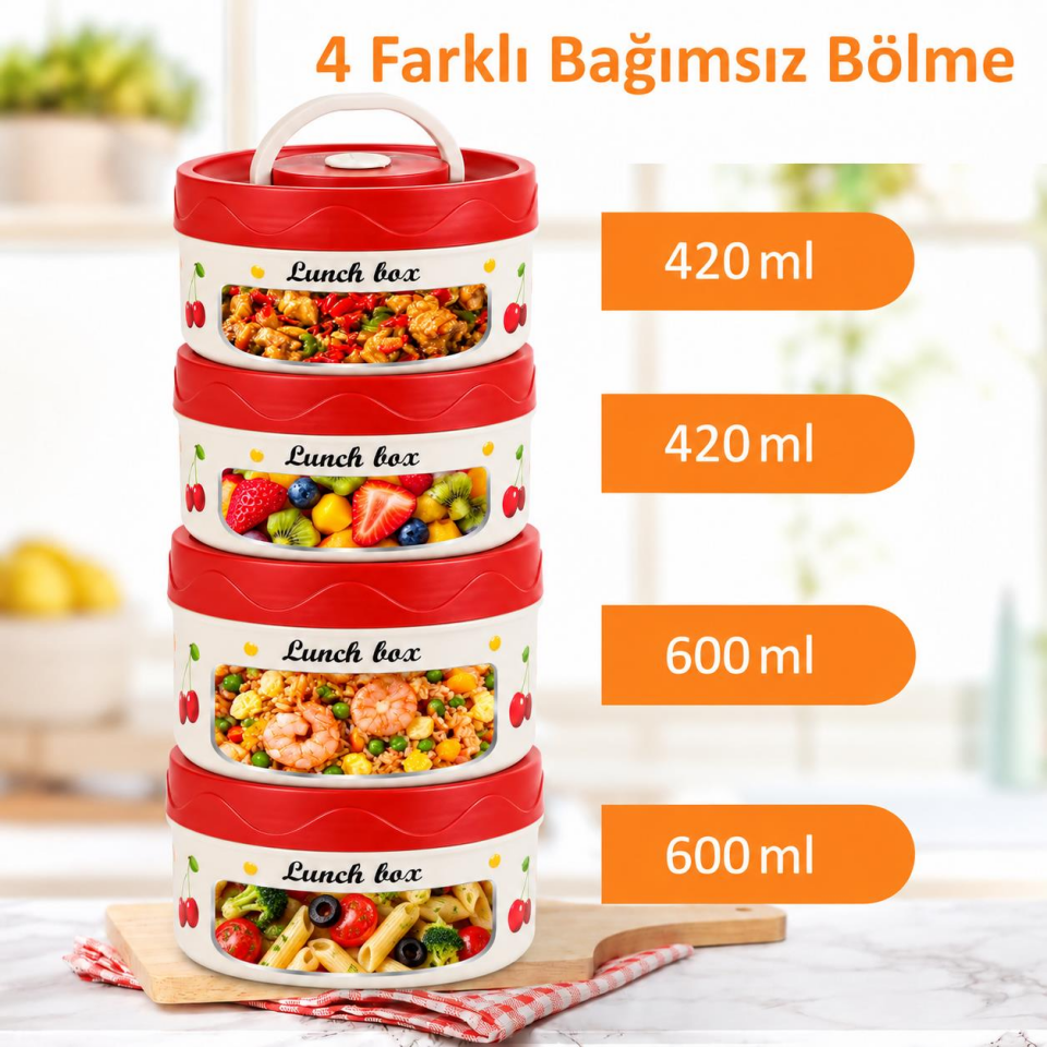 Valkyrie 4 Katlı Kirazlı Yemek Termosu 2040 ml 304 Paslanmaz Çelik Lunch Box Isı Yalıtımlı Çantalı