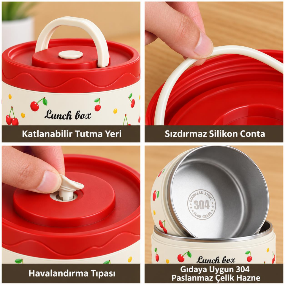 Valkyrie 4 Katlı Kirazlı Yemek Termosu 2040 ml 304 Paslanmaz Çelik Lunch Box Isı Yalıtımlı Çantalı