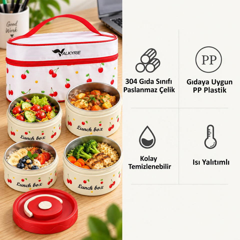 Valkyrie 4 Katlı Kirazlı Yemek Termosu 2040 ml 304 Paslanmaz Çelik Lunch Box Isı Yalıtımlı Çantalı