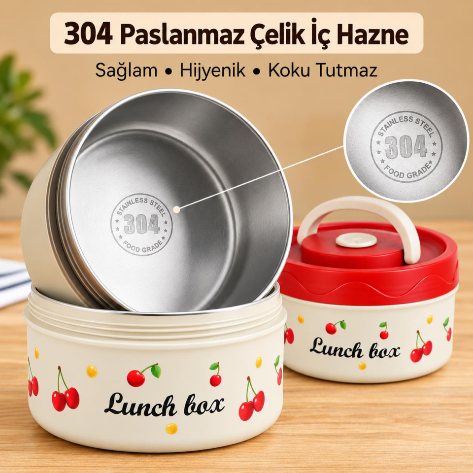 Valkyrie 4 Katlı Kirazlı Yemek Termosu 2040 ml 304 Paslanmaz Çelik Lunch Box Isı Yalıtımlı Çantalı