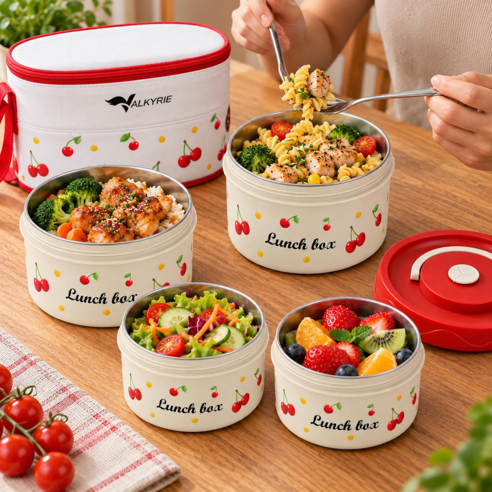 Valkyrie 4 Katlı Kirazlı Yemek Termosu 2040 ml 304 Paslanmaz Çelik Lunch Box Isı Yalıtımlı Çantalı
