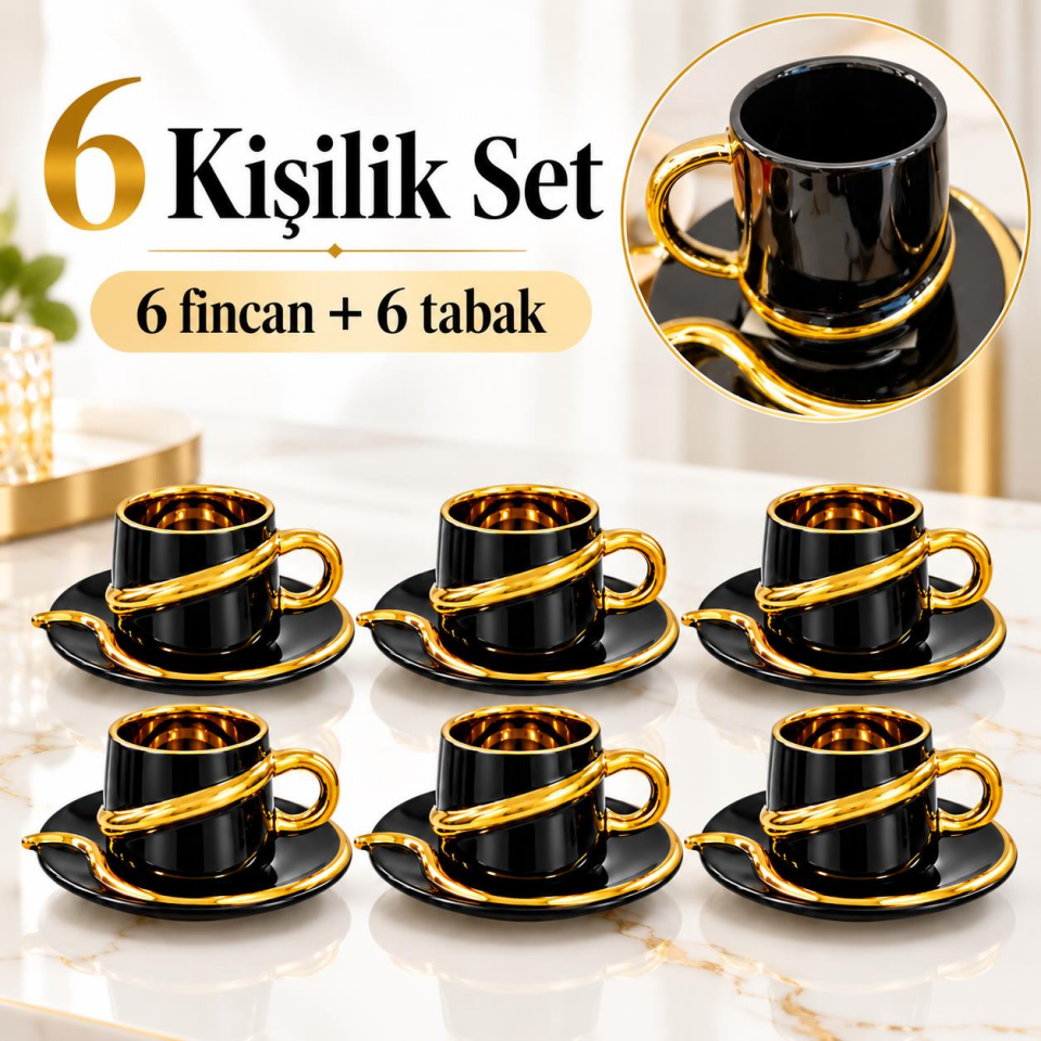Valkyrie 6 Kişilik Siyah Gold Detaylı Türk Kahvesi Fincan Takımı 12 Parça Çeyizlik Hediyelik