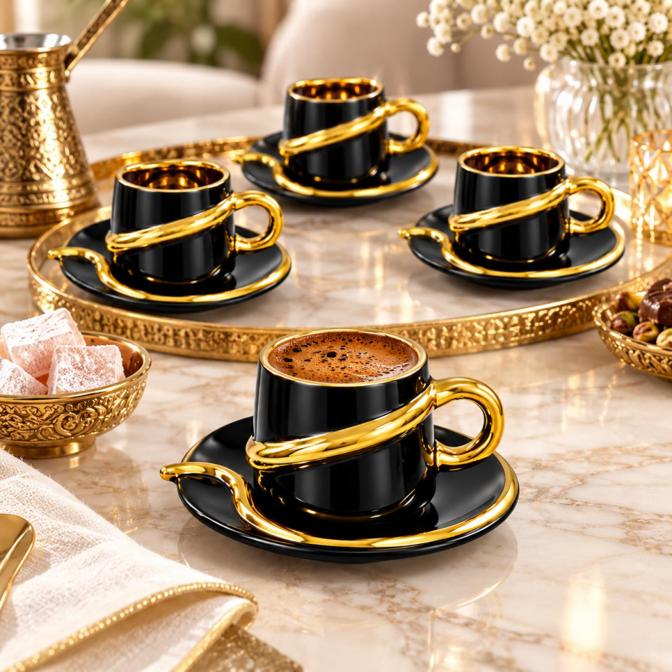 Valkyrie 6 Kişilik Siyah Gold Detaylı Türk Kahvesi Fincan Takımı 12 Parça Çeyizlik Hediyelik