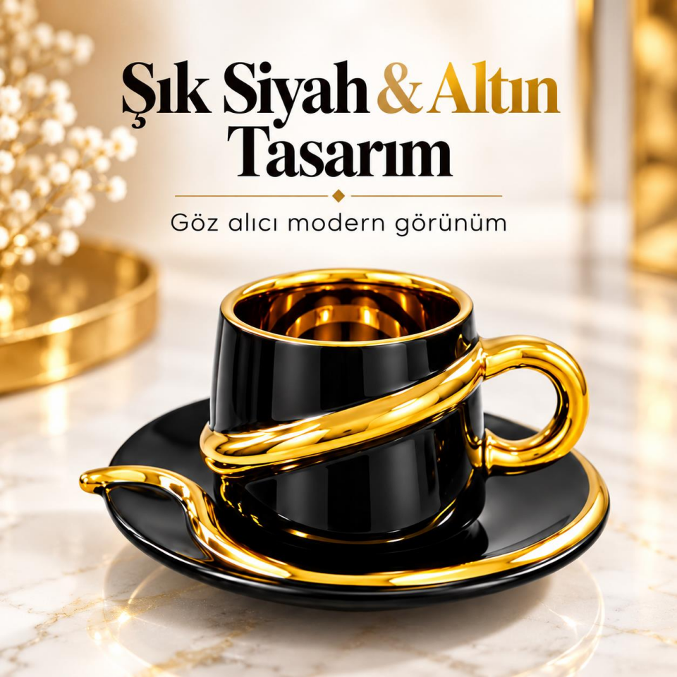 Valkyrie 6 Kişilik Siyah Gold Detaylı Türk Kahvesi Fincan Takımı 12 Parça Çeyizlik Hediyelik