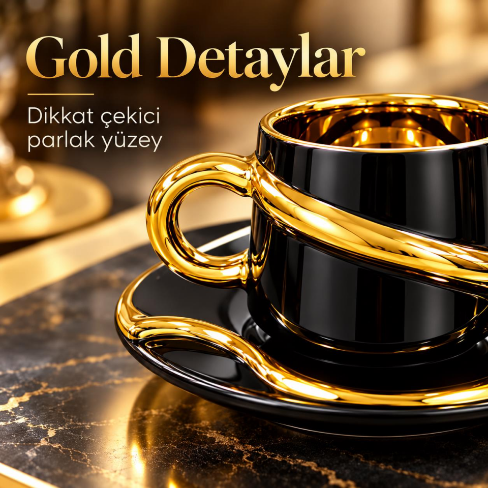 Valkyrie 6 Kişilik Siyah Gold Detaylı Türk Kahvesi Fincan Takımı 12 Parça Çeyizlik Hediyelik