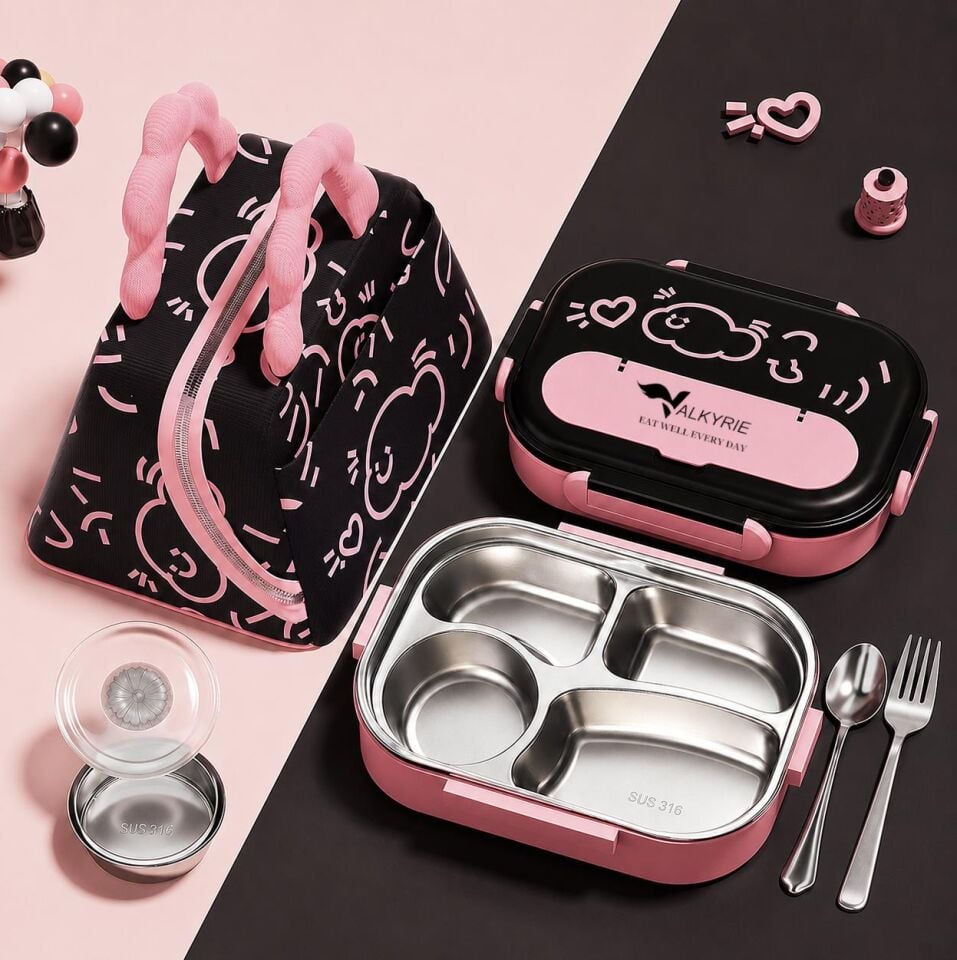 Valkyrie 316 Paslanmaz Çelik Lunch Box Termal Taşıma Çantalı 4 Bölmeli Sızdırmaz Beslenme Kabı BPA İçermez Çatal Kaşık Hediyeli Pembe