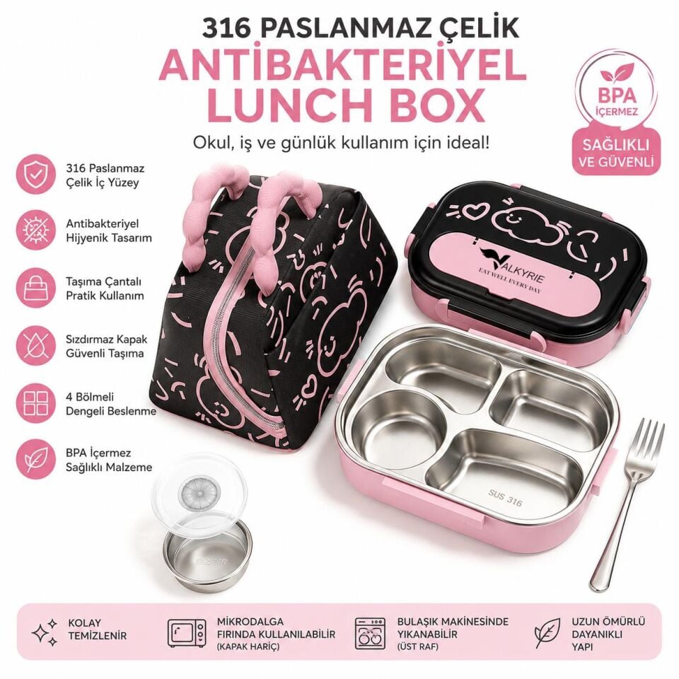 Valkyrie 316 Paslanmaz Çelik Lunch Box Termal Taşıma Çantalı 4 Bölmeli Sızdırmaz Beslenme Kabı BPA İçermez Çatal Kaşık Hediyeli Pembe