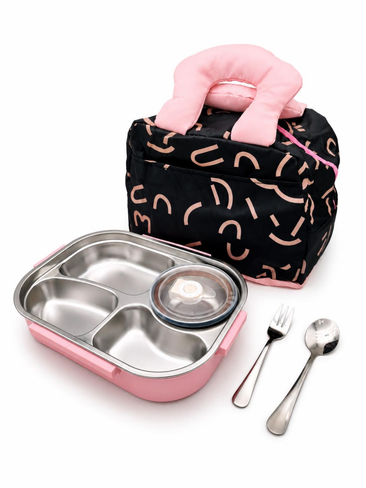 Valkyrie 316 Paslanmaz Çelik Lunch Box Termal Taşıma Çantalı 4 Bölmeli Sızdırmaz Beslenme Kabı BPA İçermez Çatal Kaşık Hediyeli Pembe