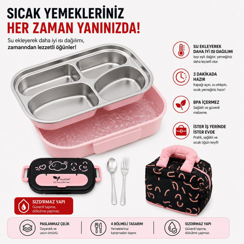 Valkyrie 316 Paslanmaz Çelik Lunch Box Termal Taşıma Çantalı 4 Bölmeli Sızdırmaz Beslenme Kabı BPA İçermez Çatal Kaşık Hediyeli Pembe