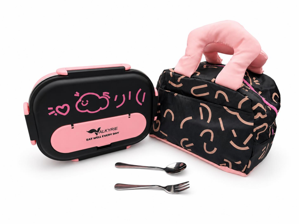 Valkyrie 316 Paslanmaz Çelik Lunch Box Termal Taşıma Çantalı 4 Bölmeli Sızdırmaz Beslenme Kabı BPA İçermez Çatal Kaşık Hediyeli Pembe