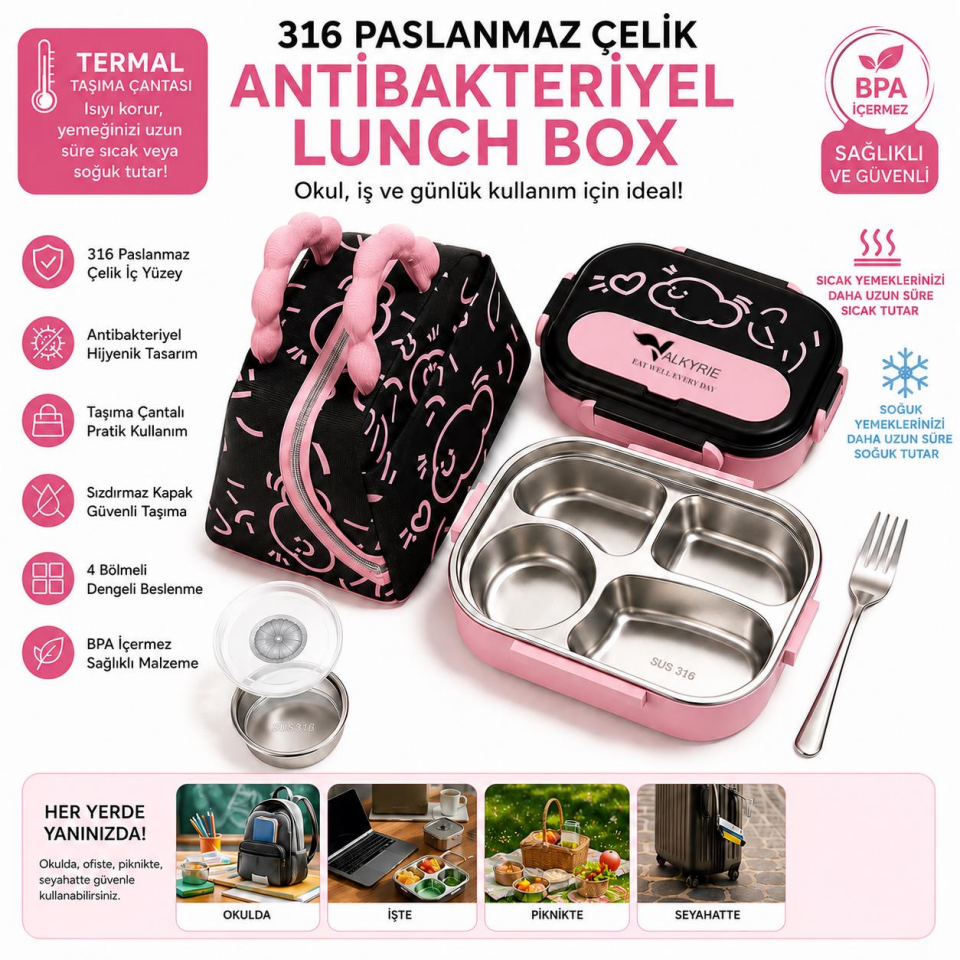 Valkyrie 316 Paslanmaz Çelik Lunch Box Termal Taşıma Çantalı 4 Bölmeli Sızdırmaz Beslenme Kabı BPA İçermez Çatal Kaşık Hediyeli Pembe
