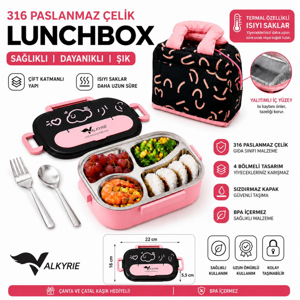 Valkyrie 316 Paslanmaz Çelik Lunch Box Termal Taşıma Çantalı 4 Bölmeli Sızdırmaz Beslenme Kabı BPA İçermez Çatal Kaşık Hediyeli Pembe