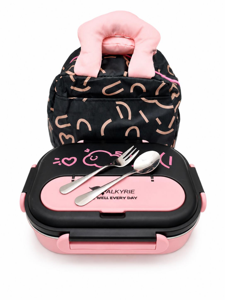 Valkyrie 316 Paslanmaz Çelik Lunch Box Termal Taşıma Çantalı 4 Bölmeli Sızdırmaz Beslenme Kabı BPA İçermez Çatal Kaşık Hediyeli Pembe