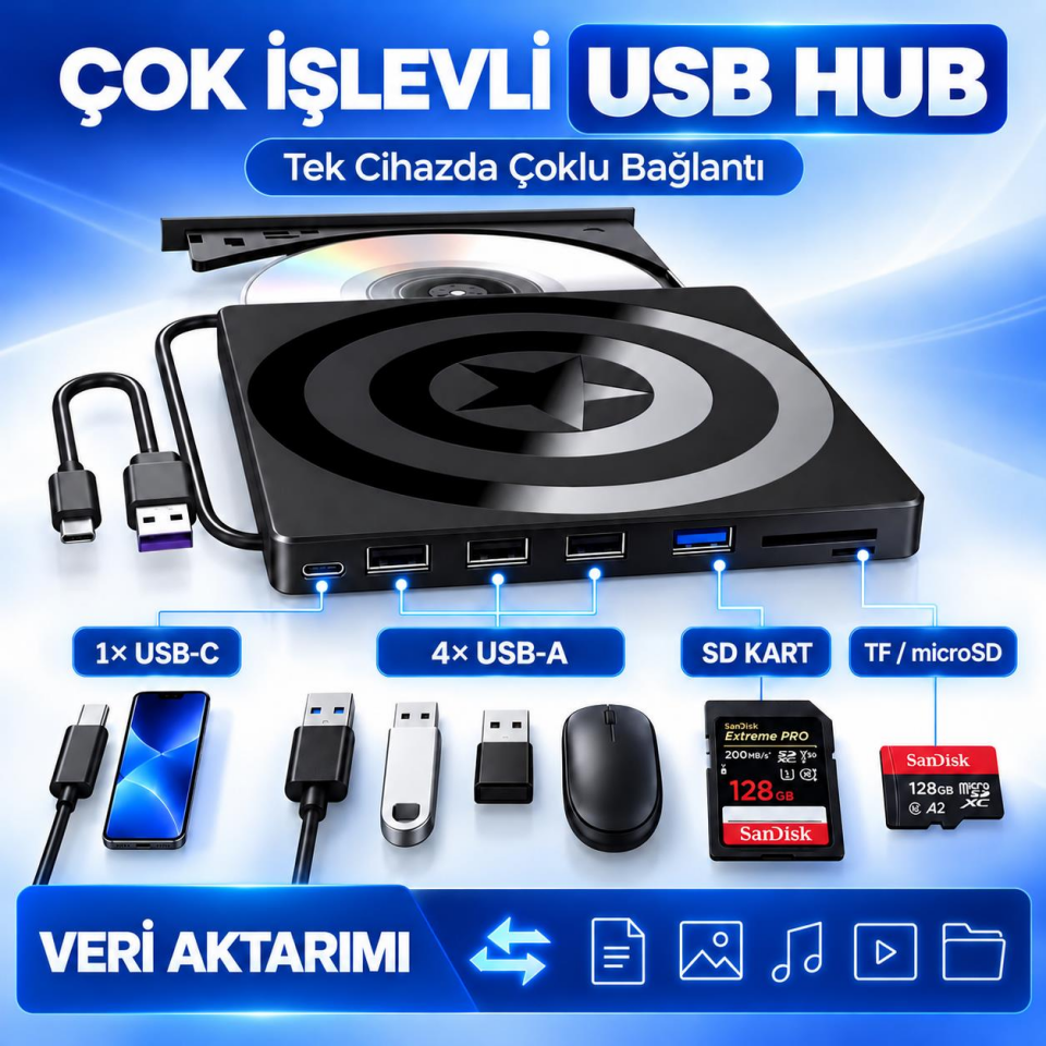 Valkyrie Harici CD DVD Okuyucu Yazıcı USB 3.0 Type-C Hub SD TF Kart Okuyucu 4 USB Portlu İnce Taşınabilir