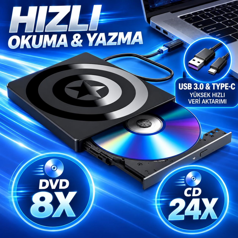 Valkyrie Harici CD DVD Okuyucu Yazıcı USB 3.0 Type-C Hub SD TF Kart Okuyucu 4 USB Portlu İnce Taşınabilir