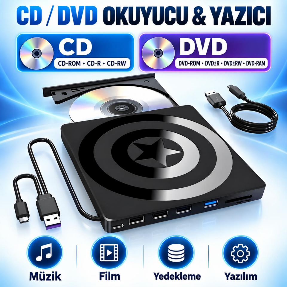 Valkyrie Harici CD DVD Okuyucu Yazıcı USB 3.0 Type-C Hub SD TF Kart Okuyucu 4 USB Portlu İnce Taşınabilir