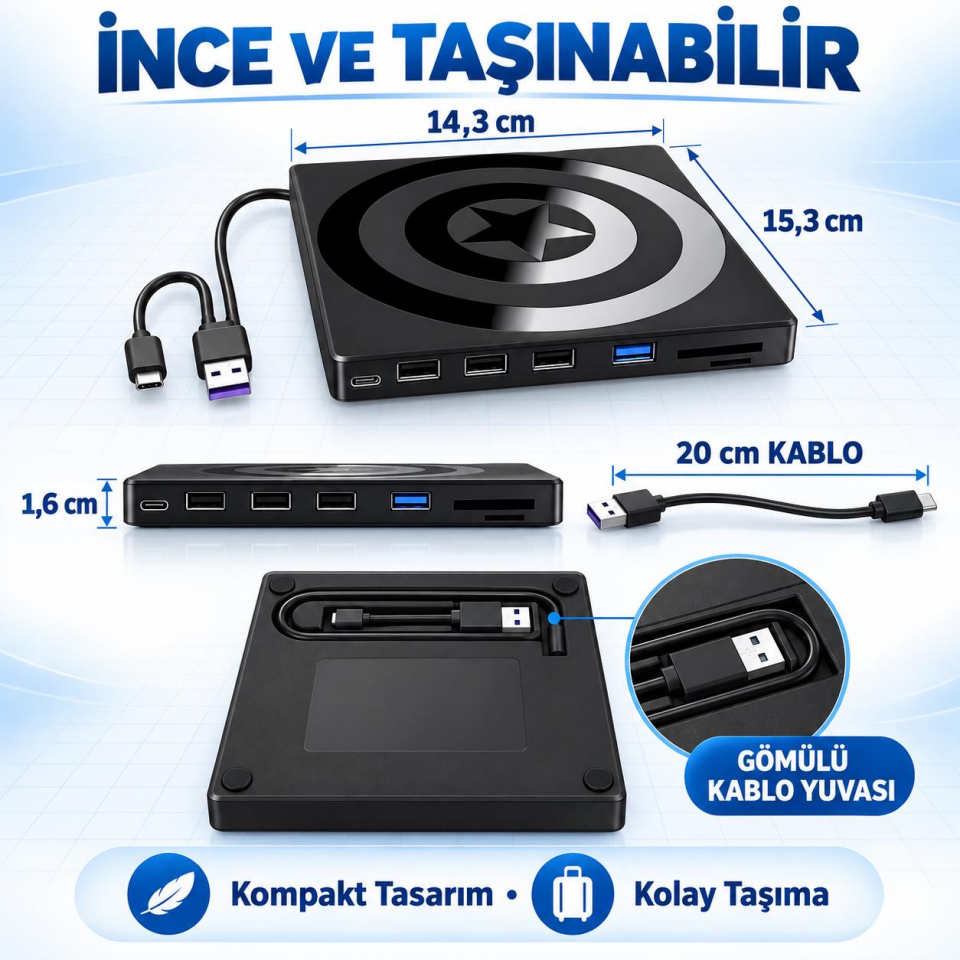 Valkyrie Harici CD DVD Okuyucu Yazıcı USB 3.0 Type-C Hub SD TF Kart Okuyucu 4 USB Portlu İnce Taşınabilir