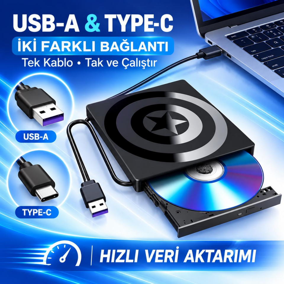 Valkyrie Harici CD DVD Okuyucu Yazıcı USB 3.0 Type-C Hub SD TF Kart Okuyucu 4 USB Portlu İnce Taşınabilir