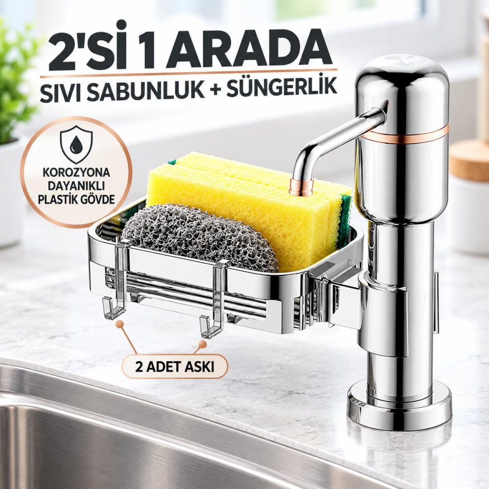 Valkyrie 2’si 1 Arada Mutfak Sıvı Sabunluk ve Süngerlik Seti Tezgah Üstü Pompalı Dispenser 360° Döner