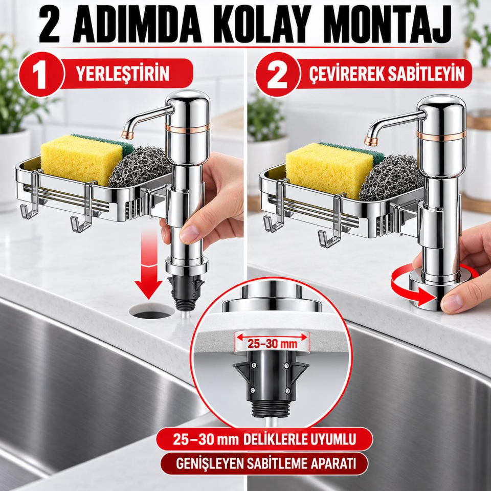 Valkyrie 2’si 1 Arada Mutfak Sıvı Sabunluk ve Süngerlik Seti Tezgah Üstü Pompalı Dispenser 360° Döner