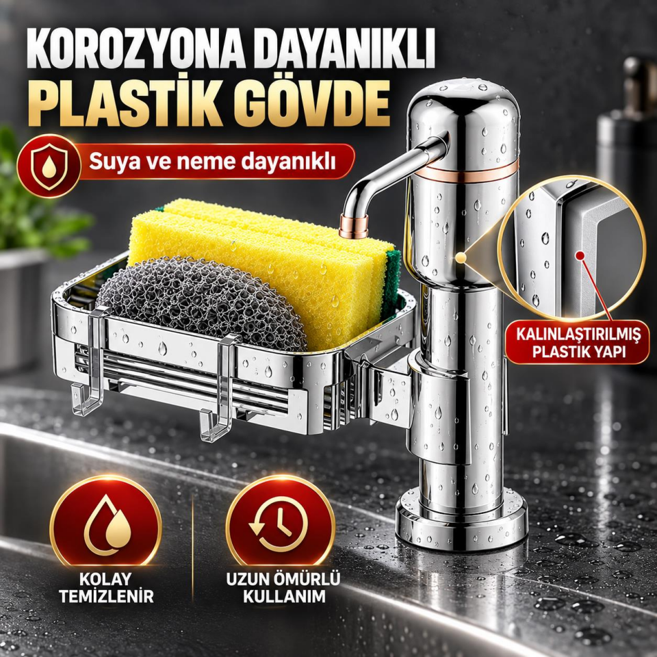Valkyrie 2’si 1 Arada Mutfak Sıvı Sabunluk ve Süngerlik Seti Tezgah Üstü Pompalı Dispenser 360° Döner