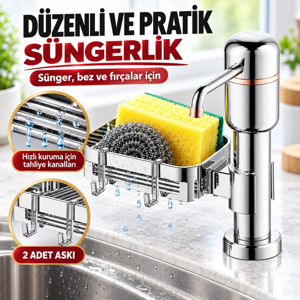 Valkyrie 2’si 1 Arada Mutfak Sıvı Sabunluk ve Süngerlik Seti Tezgah Üstü Pompalı Dispenser 360° Döner