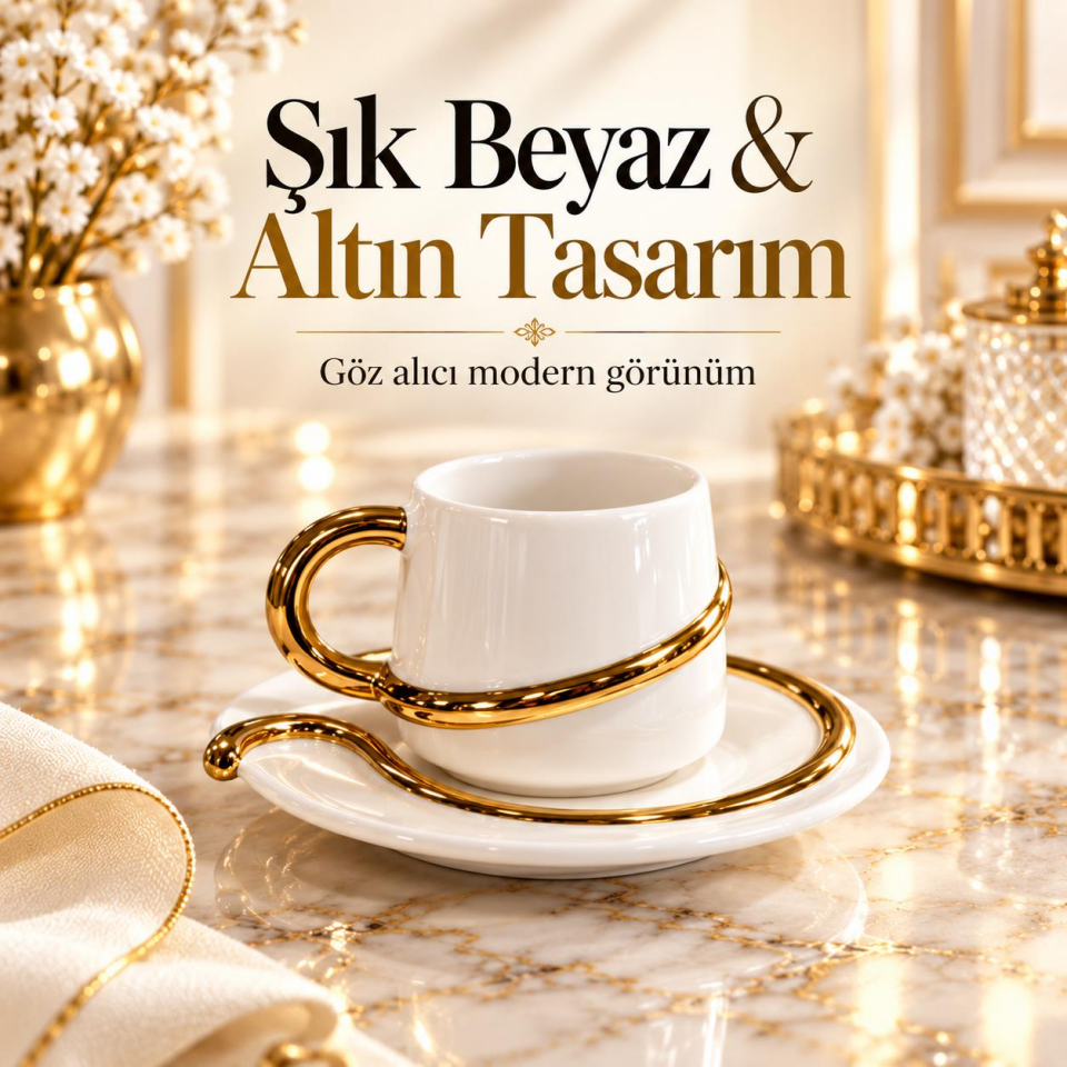 Valkyrie 6 Kişilik Siyah Gold Detaylı Türk Kahvesi Fincan Takımı 12 Parça Çeyizlik Hediyelik Beyaz