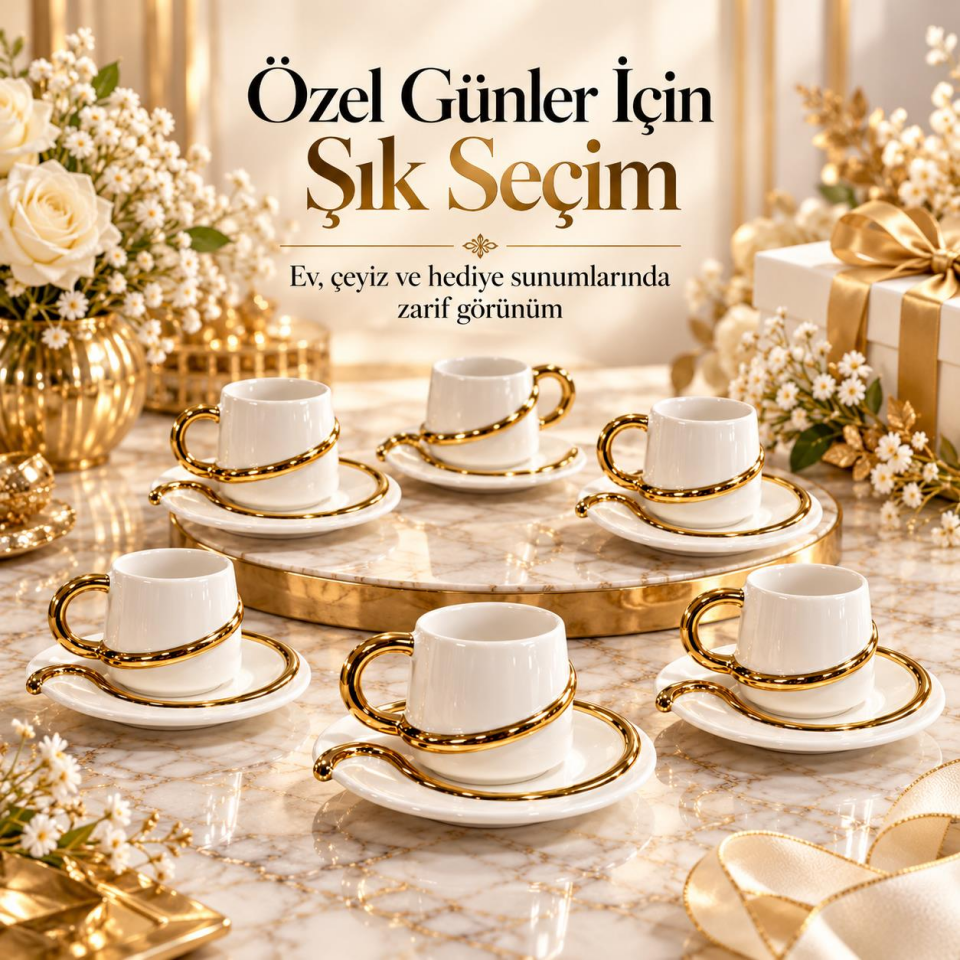 Valkyrie 6 Kişilik Siyah Gold Detaylı Türk Kahvesi Fincan Takımı 12 Parça Çeyizlik Hediyelik Beyaz
