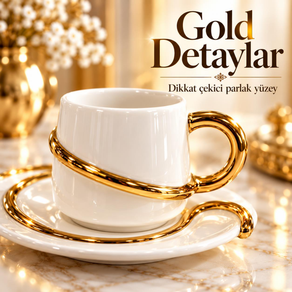 Valkyrie 6 Kişilik Siyah Gold Detaylı Türk Kahvesi Fincan Takımı 12 Parça Çeyizlik Hediyelik Beyaz